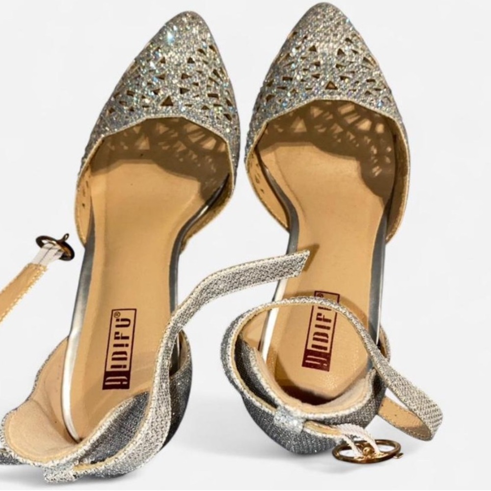 Glittering Silver Ankle Strap Heels